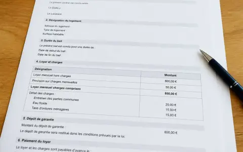 Extrait d'un contrat de bail location détaillant le loyer mensuel hors charges (800€), les provisions sur charges (50€) et le dépôt de garantie (800€).
