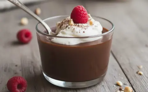 Budino fatto in casa al cioccolato, guarnito con panna montata, un lampone e nocciole tritate. Un cucchiaino d'argento è immerso nel dolce.