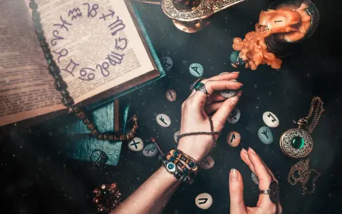Ręce trzymają kamienie z runami, obok księga z symbolami zodiaku. To wszystko sugeruje, że godzina urodzenia numerologia może być kluczem do odczytania przyszłości.
