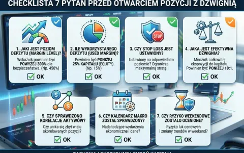 Checklista dla brokera giełda: 7 pytań przed otwarciem pozycji z dźwignią, dotyczących poziomu depozytu, stop loss, korelacji aktywów i ryzyka.