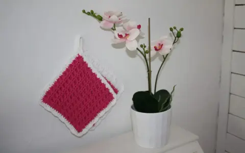 Två tjocka, virkade grytlappar i rosa med vit kant hänger på en vit vägg bredvid en orkidé i kruka.