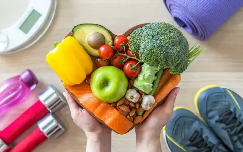 Zdrowa dieta i ćwiczenia to klucz do tego, jak obliczyć deficyt kaloryczny. Na talerzu w kształcie serca świeże warzywa, owoce, łosoś i orzechy.