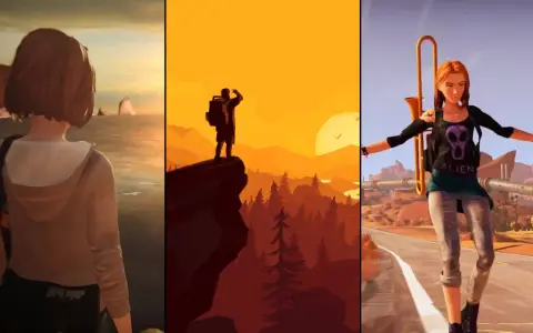 Trzy sceny z gier: dziewczyna nad morzem, podróżnik na klifie, dziewczyna na rolkach. Gry podobne do Life is Strange.