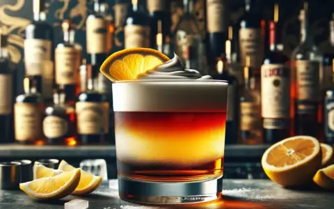 Elegancki drink New York Sour z pianką i plasterkiem pomarańczy, na tle półki z butelkami alkoholu.