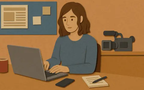 Donna al lavoro giornalista, digita al laptop, con videocamera e fogli appunti.