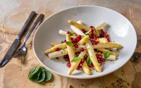 Weißer Spargel mit Granatapfelkernen und Minze, eine histaminarme Delikatesse.