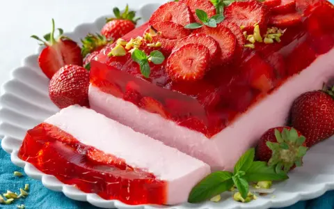 Letnie ciastka z galaretką i truskawkami, ozdobione miętą i pistacjami. Idealne na upalne dni!