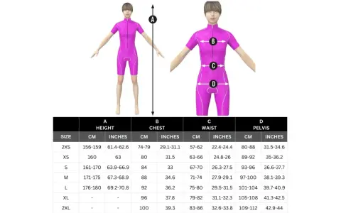 Guida alle taglie per abbigliamento sportivo: scegli la tua vestibilità regolare consultando le misure di altezza, petto, vita e bacino.