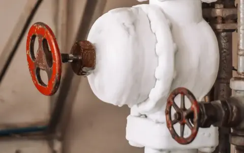 Válvulas de control de la presión de agua en casa, cubiertas de escarcha.