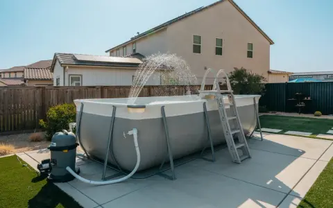 Above ground pool installation in progress, with water spraying from the filter system. A ladder is attached, ready for summer fun.