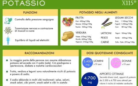 Potassio: controllo pressione, nervi, muscoli. Frutta, verdura, legumi aiutano a come integrare il potassio. Dosi consigliate per uomini e donne.