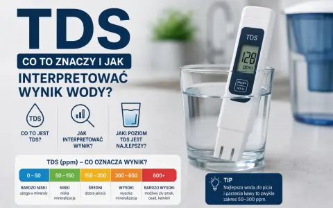 Miernik TDS w szklance wody pokazuje 128 ppm. Obok tabela interpretacji wyników TDS, wskazująca, że najlepsza woda do picia ma 50-300 ppm.