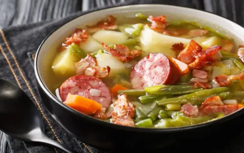 Un plat réconfortant de spécialités Metz : une soupe garnie de saucisses, lardons, pommes de terre et haricots verts.