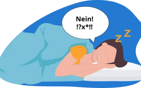 Eine Person schläft und murmelt "Nein! !?x*!!". Die Frage, warum man im Schlaf redet, wird hier humorvoll dargestellt.