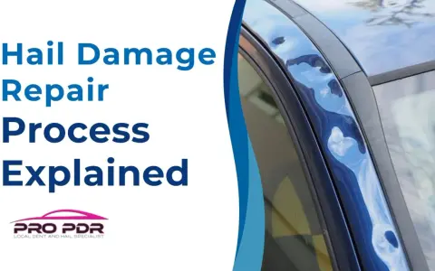 Close-up of a blue car with significant hail damage on the roofline, showing multiple dents. Text reads "Hail Damage Repair Process Explained.