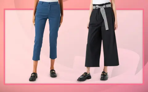 Due modelli di pantaloni cropped outfit: blu slim fit e neri ampi con cintura.