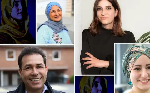Fünf Frauen und ein Mann. Die Frauen tragen Kopftücher, die Frage "wer darf mich ohne Kopftuch sehen" wird durch die Vielfalt der Darstellungen aufgeworfen.