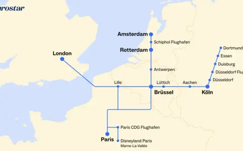 Eurostar-Streckenkarte: London, Paris, Brüssel, Amsterdam, Rotterdam und Ziele in Deutschland wie Köln, Düsseldorf und Dortmund.