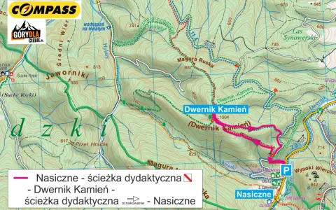 Mapa turystyczna z zaznaczoną ścieżką dydaktyczną "Dwernik Kamień" prowadzącą przez malownicze tereny górskie.