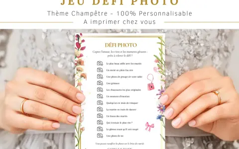 Jeu de défi photo pour un mariage champêtre. Capturez les moments clés avec cette liste de défis amusants.