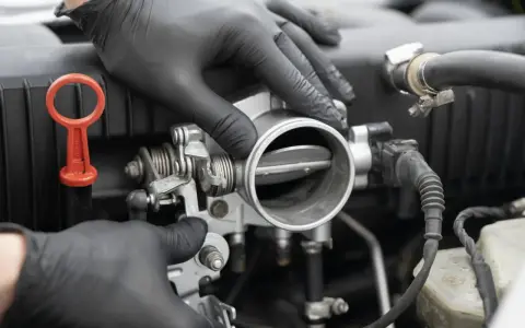 Mechanik w czarnych rękawiczkach sprawdza przepustnicę, która może być przyczyną objawów uszkodzonej przepustnicy benzyna.