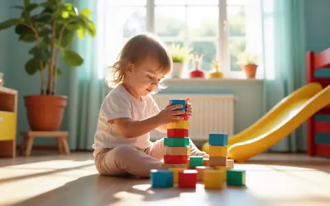 Mała dziewczynka buduje wieżę z kolorowych klocków. To świetne zabawy dla 4 latka, rozwijające kreatywność i zdolności manualne.