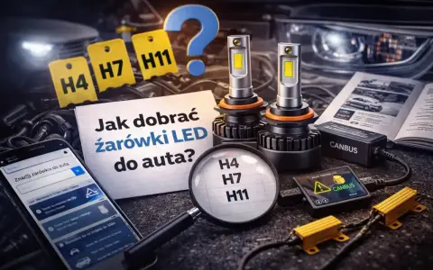 Jak dobrać żarówki LED do auta? Na zdjęciu widać modele H4, H7, H11, telefon z aplikacją i instrukcję.