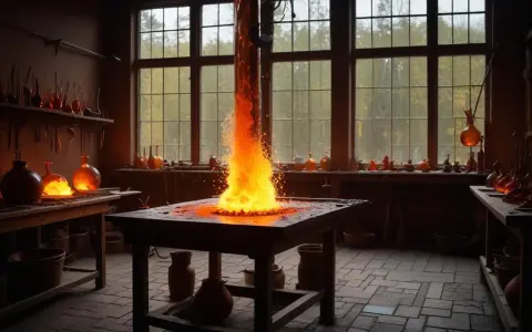 Ett glödande inferno i ett glasbruk i Småland. Verktyg och glasföremål väntar på att formas av elden.