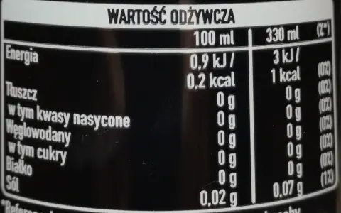 Tabela wartości odżywczych napoju, który jest cola zero kalorie. W 100 ml napoju znajduje się tylko 0,2 kcal.