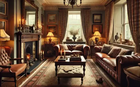 Salon chaleureux d'un cottage anglais, avec canapés en cuir, cheminée ornée et tapis persan.