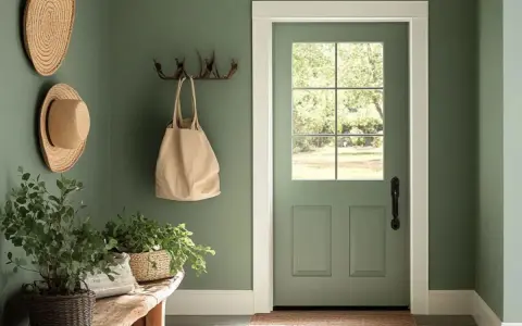 Un recibidor pintado en verde musgo, con sombreros de paja, plantas y un bolso. Inspírate para saber como pintar una habitacion.