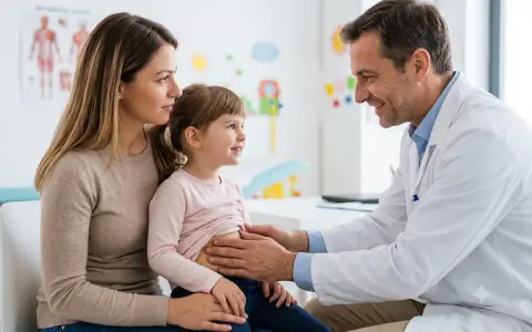 Medico esamina addome bambina con madre, preoccupati per possibile tumore di Wilms.