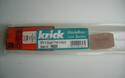Verpackung mit einem Krick Modellbau BFS-16 Doppel-T Profil (4 Stück) aus Kunststoff.