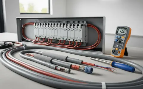 Installation électrique : section câble entre compteur et tableau, avec multimètre et outils.