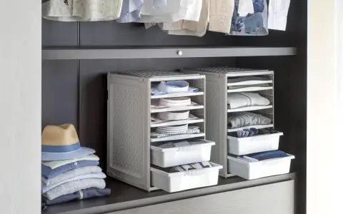Organizzazione armadio: camicie piegate in contenitori modulari, pile di vestiti e un cappello su una mensola.