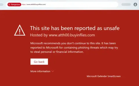 Alerte Microsoft Defender SmartScreen : ce site est dangereux et signalé comme non sûr, potentiellement pour du phishing.