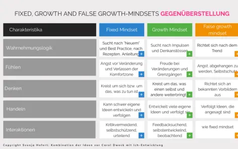Gegenüberstellung von Fixed, Growth und False Growth Mindsets, basierend auf Carol Dwecks Ideen. Ein Growth Mindset sucht Impulse.