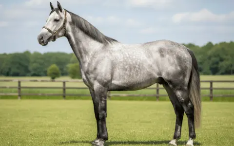 Magnifique cheval anglo arabe gris pommelé, debout dans un pré verdoyant sous un ciel bleu parsemé de nuages.