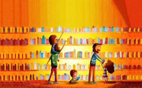 Una familia elige libros en una estantería colorida. ¡Hay tanto que leer!