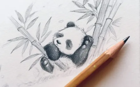 En söt panda sover bland bambu. Enkla bilder att rita som denna inspirerar till kreativitet.