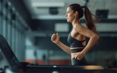 Frau im Fitnessstudio beim Laufband Training, konzentriert und in Bewegung.