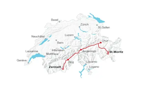 Map of Switzerland showing a red train route from Zermatt to Chur, passing through Brig, Andermatt, and St. Moritz.