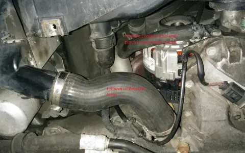 Wymiana odmy Audi A4 B6 2.0. Widoczny wąż intercoolera i przewód chłodnicy.