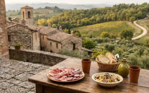 Un perfetto weekend in Umbria: salumi, pasta al tartufo e pane fresco con vista su borgo e colline.