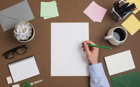 Ręka pisze zielonym ołówkiem na białej kartce. Obok kubek kawy, zeszyt, nożyczki, okulary i koperty. Powstaje ciekawy list motywacyjny.