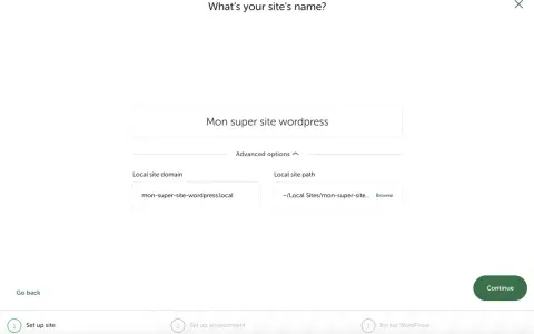 Configuration pour installer WordPress manuellement : nom du site "Mon super site wordpress", domaine local et chemin d'accès.