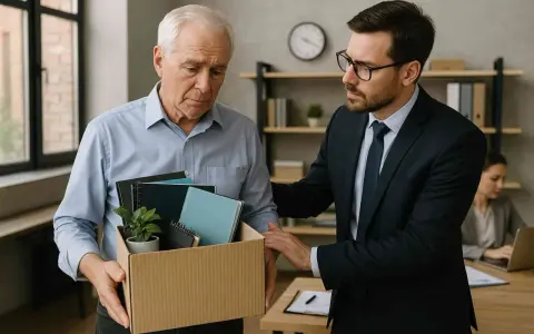 Hombre mayor con caja de pertenencias, recibe apoyo de un colega. Podría ser una tabla de jubilación anticipada involuntaria.