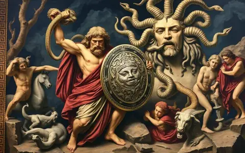 Perseus hält die abgetrennte Medusa, ein Motiv aus griechischen Sagen. Ein Pferd und ein Ziegenbock sind ebenfalls zu sehen.