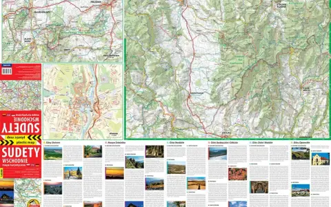 Mapa turystyczna Sudetów Wschodnich z zaznaczonymi szlakami, miastami i atrakcjami.