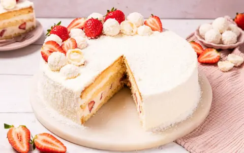 Eine köstliche Erdbeer Raffaello Torte, verziert mit frischen Erdbeeren und Kokosraspeln. Ein Stück ist bereits angeschnitten.